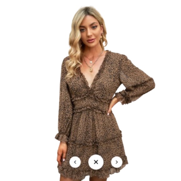 Leopard Ruffle Detailing Open Back Floral Dress Deep V Neck Backless Ruffle - Picture 9 of 9